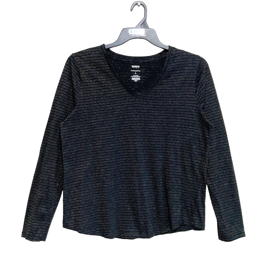 Sonoma The Everyday Tee Womens Size Large Long Sleeve V-Neck Black Gold Stripes